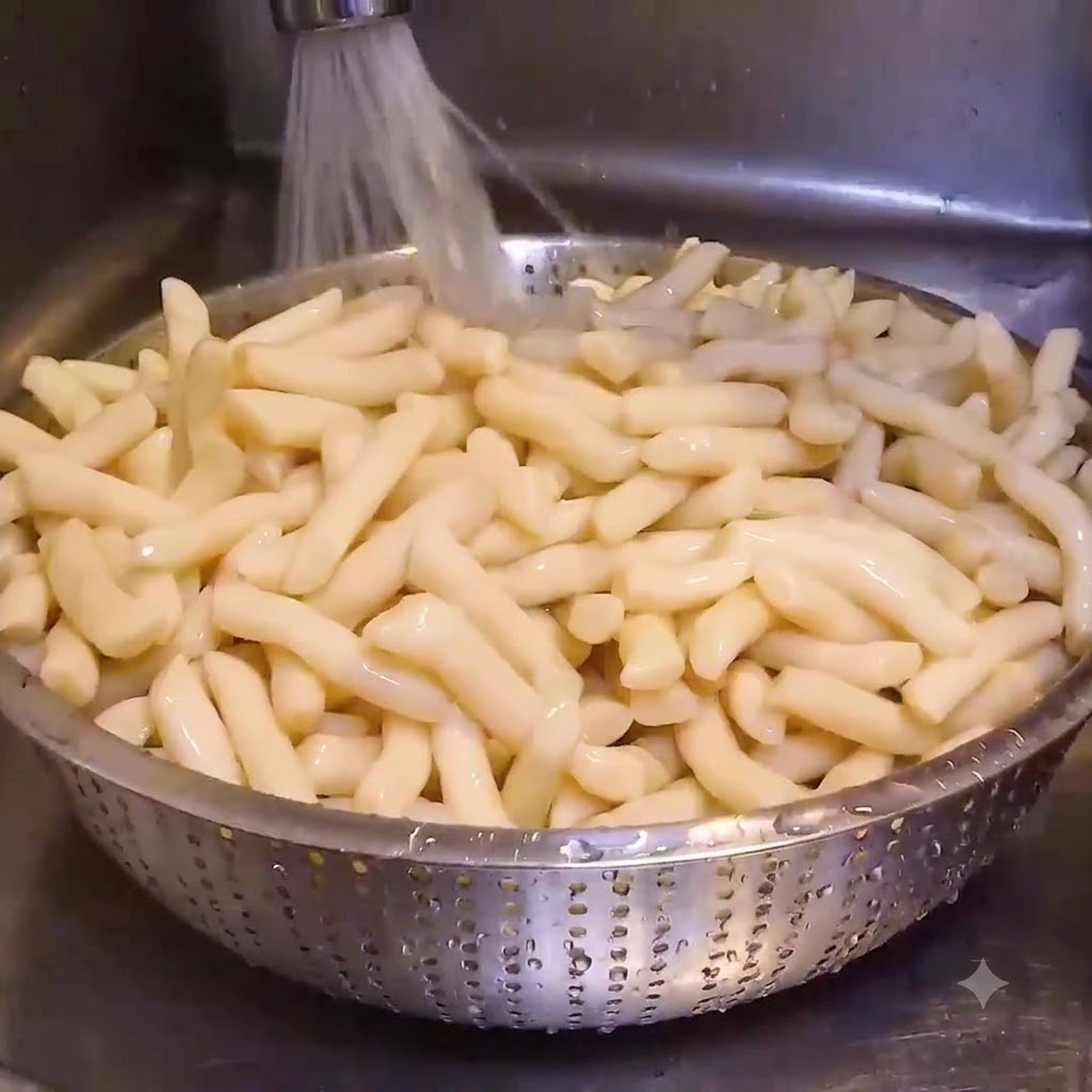 Handmade rice cakes draining in a stainless steel colander under running water.