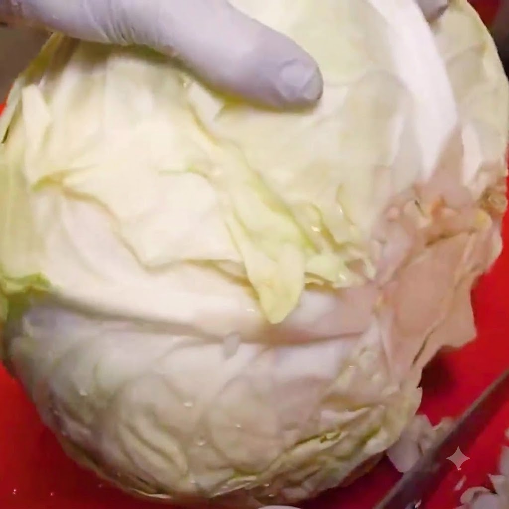 A head of cabbage being cut into small pieces on a red board.