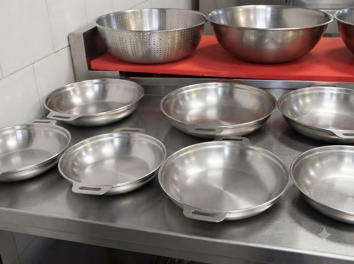 Multiple empty and prepared round metal hot pot pans on a metal counter.