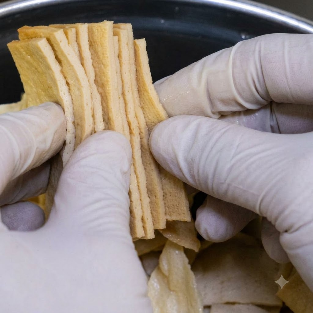 Gloved hands holding and adding thin rectangular slices of fish cake.
