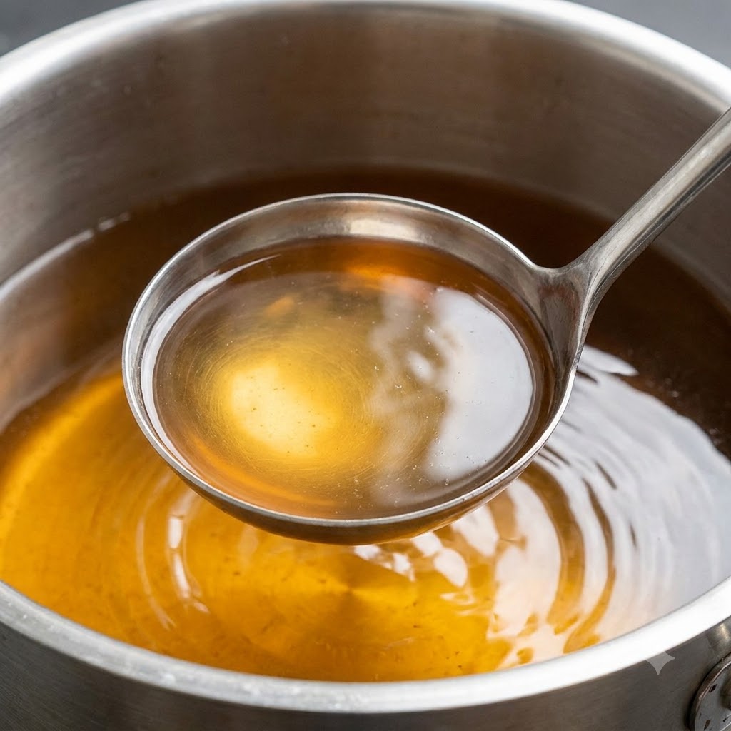 A metal ladle scooping clear brown broth from a large stockpot.