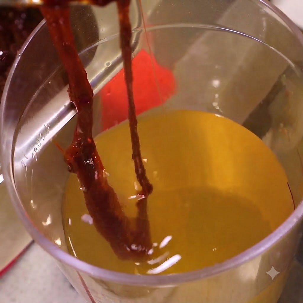 Dark red spicy sauce being mixed and pulled inside a container with broth.