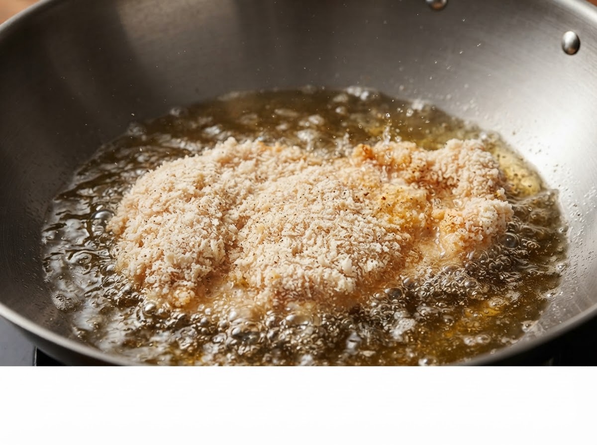 A breaded chicken cutlet frying in a large wok filled with bubbling cooking oil.