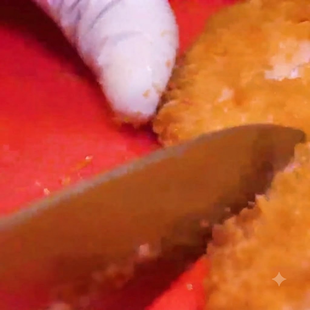 A knife cutting through a golden-fried breaded chicken cutlet on a bright red cutting board.