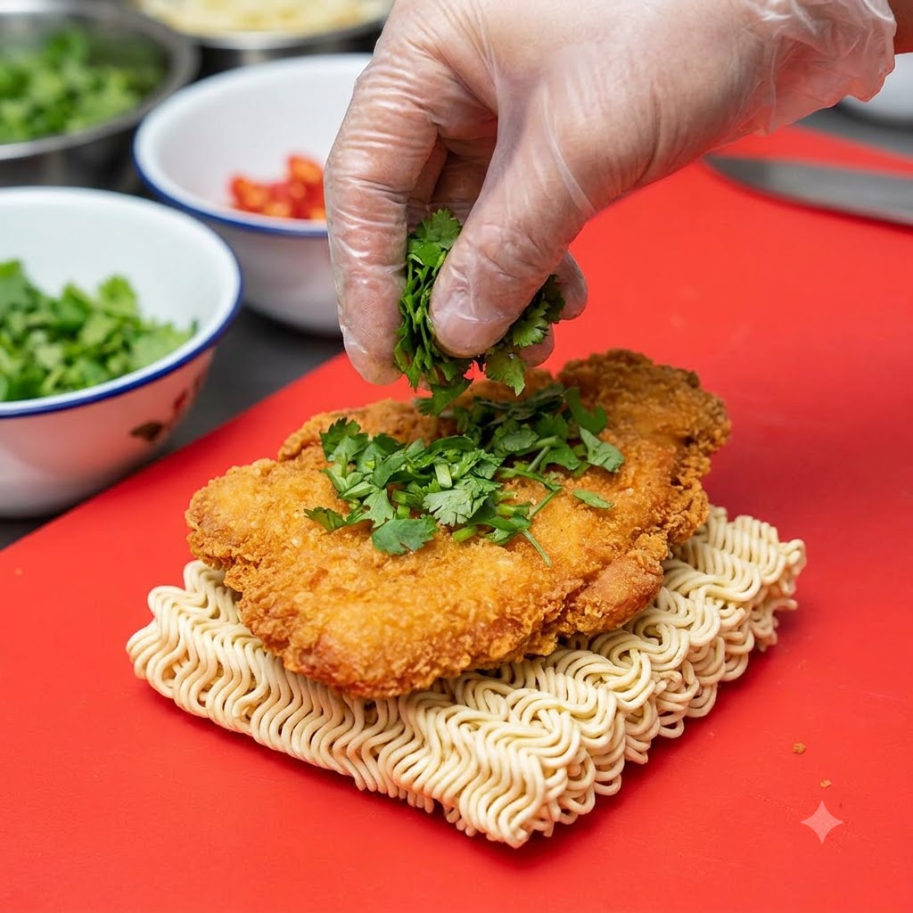 A gloved hand sprinkling chopped green parsley over a golden-brown breaded chicken cutlet placed on top of dry instant noodles.