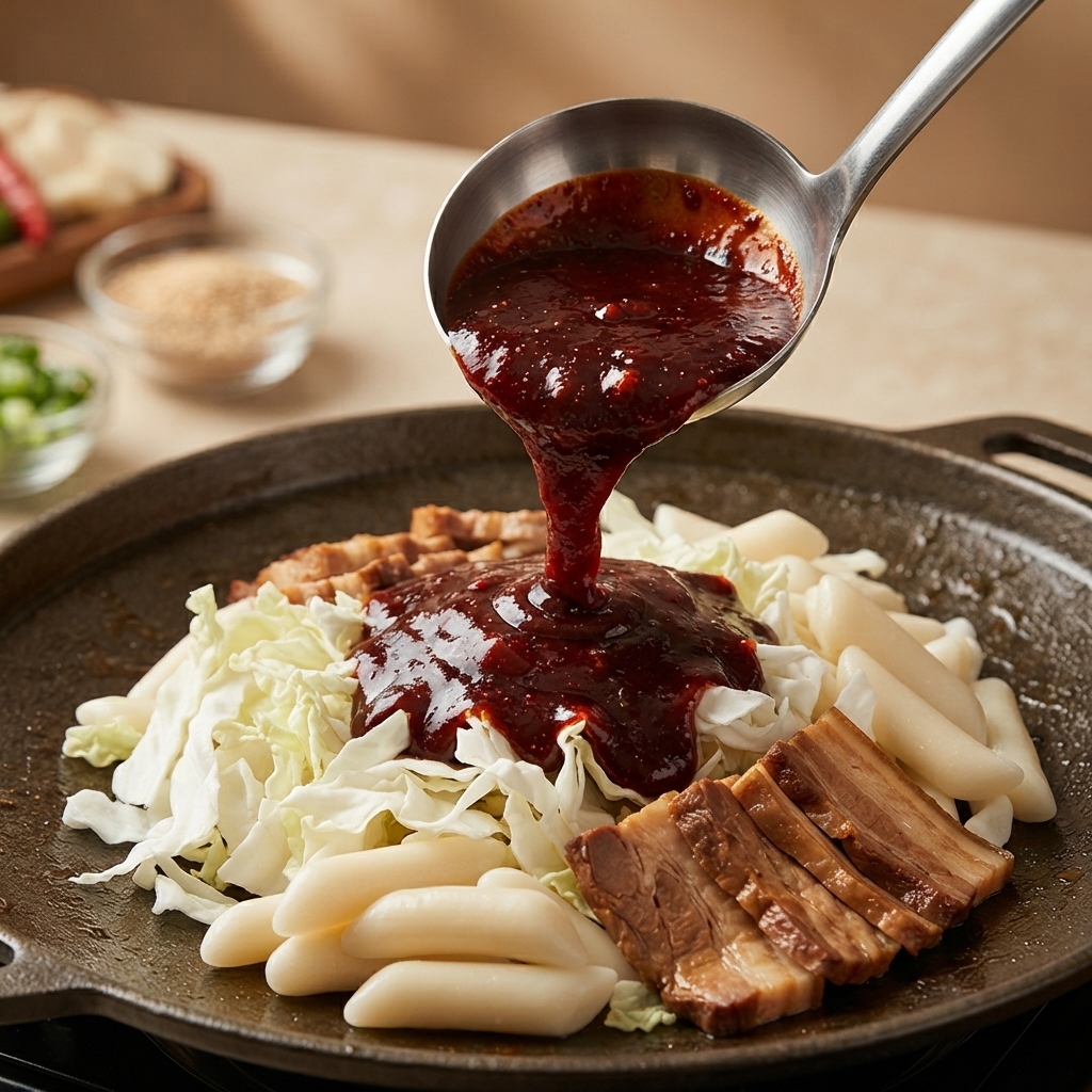 A metal ladle pouring a dark red, spiced sauce onto a bed of sliced cabbage, white rice cakes, and grilled meat in a hot pot pan.