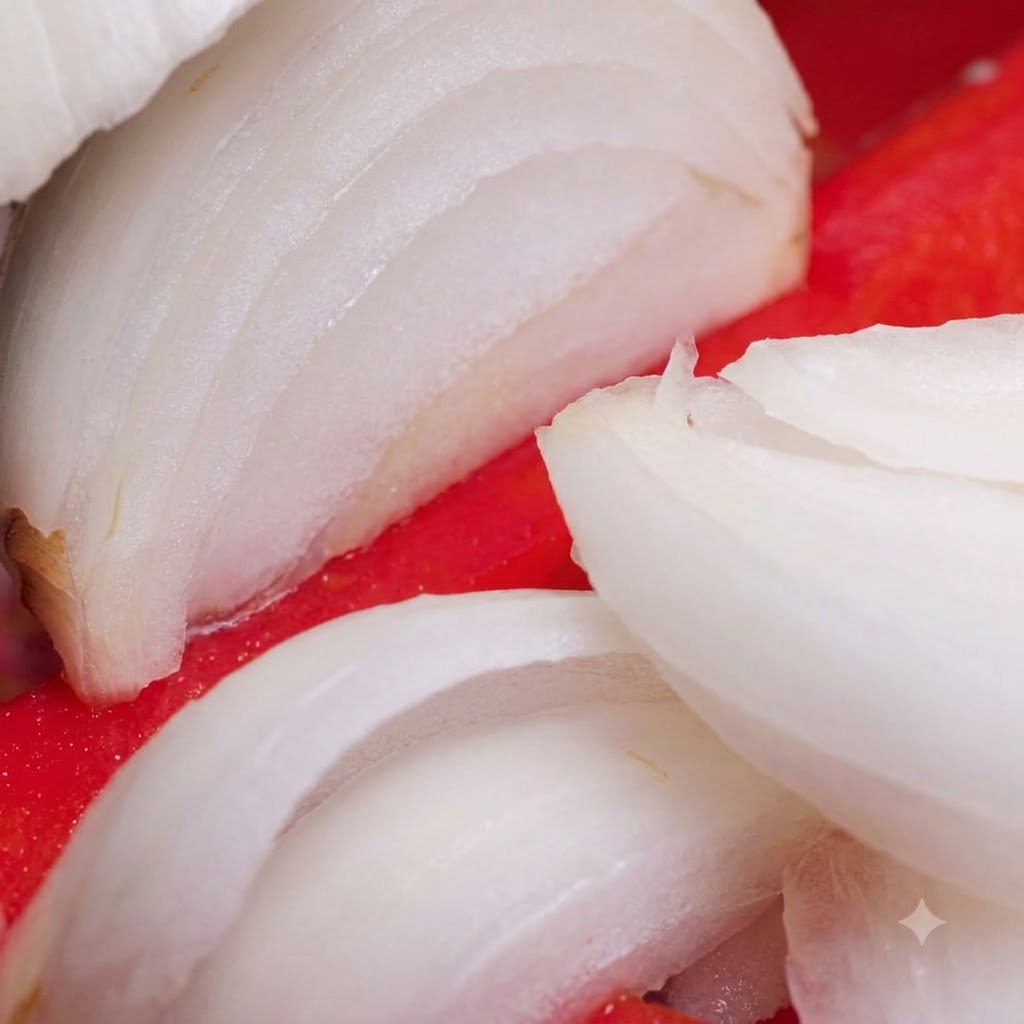 Close-up of freshly cut white onion wedges resting against a red background.