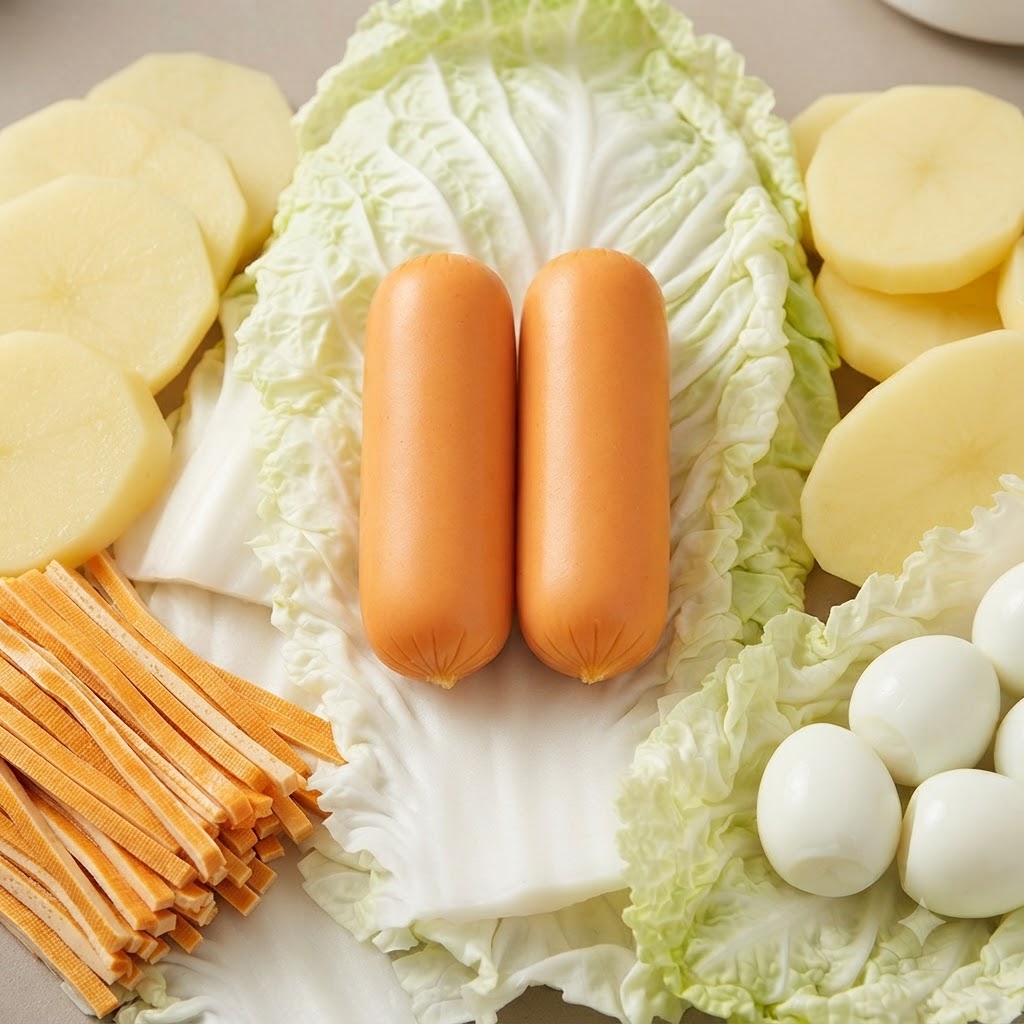 An assortment of raw hot pot ingredients including two sausages, quail eggs, sliced potatoes, bean curd strips, and napa cabbage.