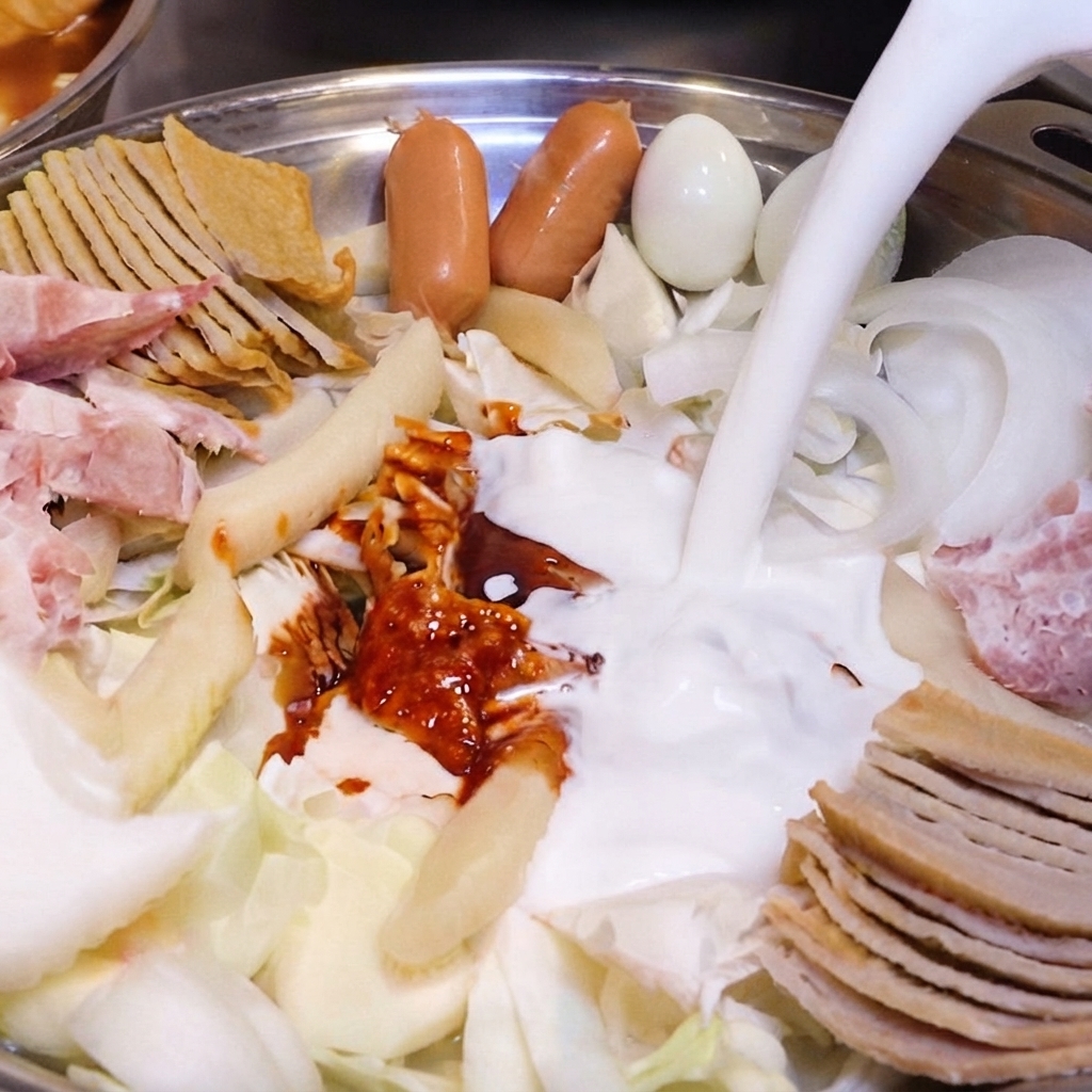 Fresh white milk being poured from a pitcher into a hot pot pan filled with various ingredients, spicy sauce, and sliced onions.