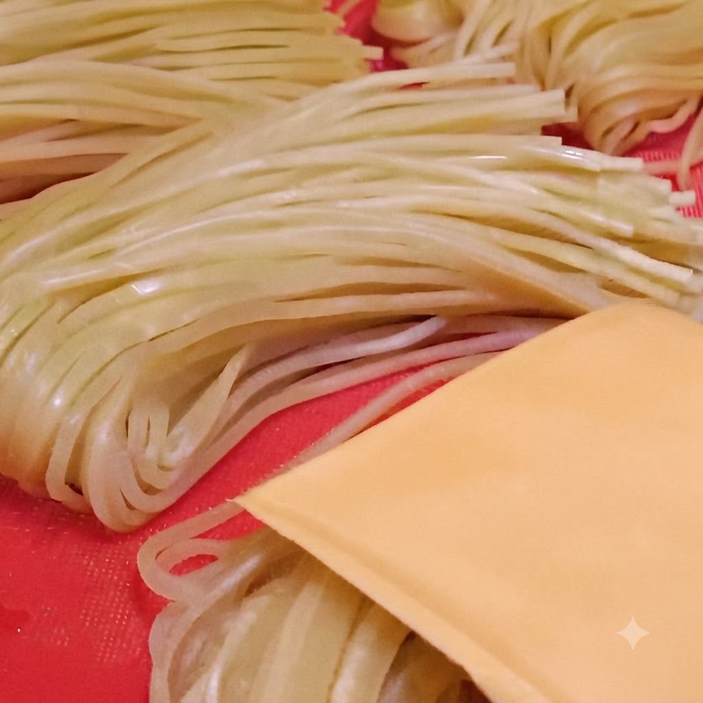 A slice of yellow cheese placed on top of folded cooked Italian noodles on a red surface.
