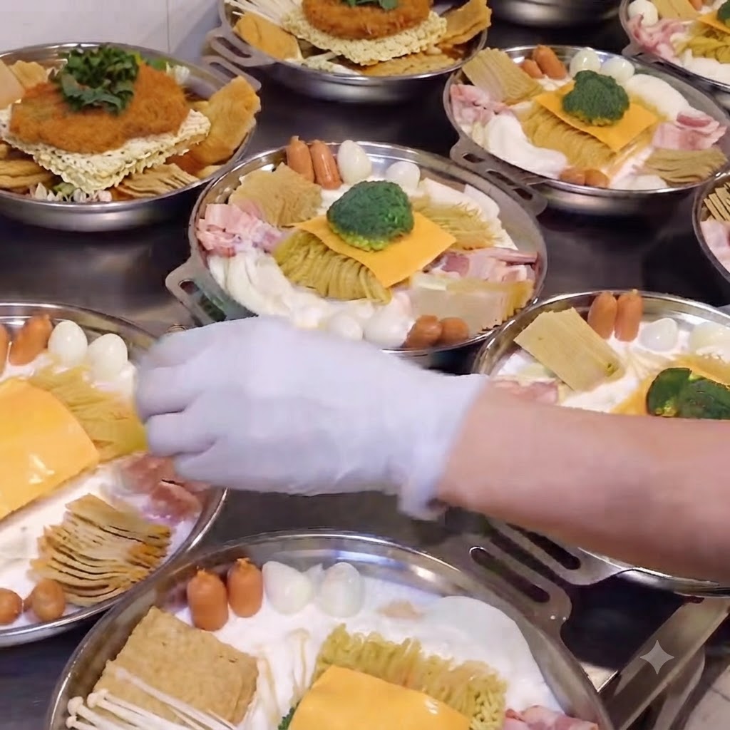 A close-up shot of a hand placing a piece of fresh broccoli in the center of an army hot pot pan.