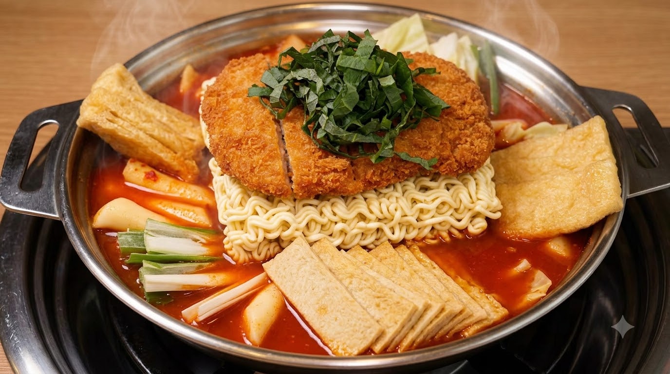 A close-up of a prepared Army-style Tteokbokki hot pot, featuring a golden fried chicken cutlet resting on noodles, garnished with herbs, and surrounded by colorful ingredients in a metallic pan.