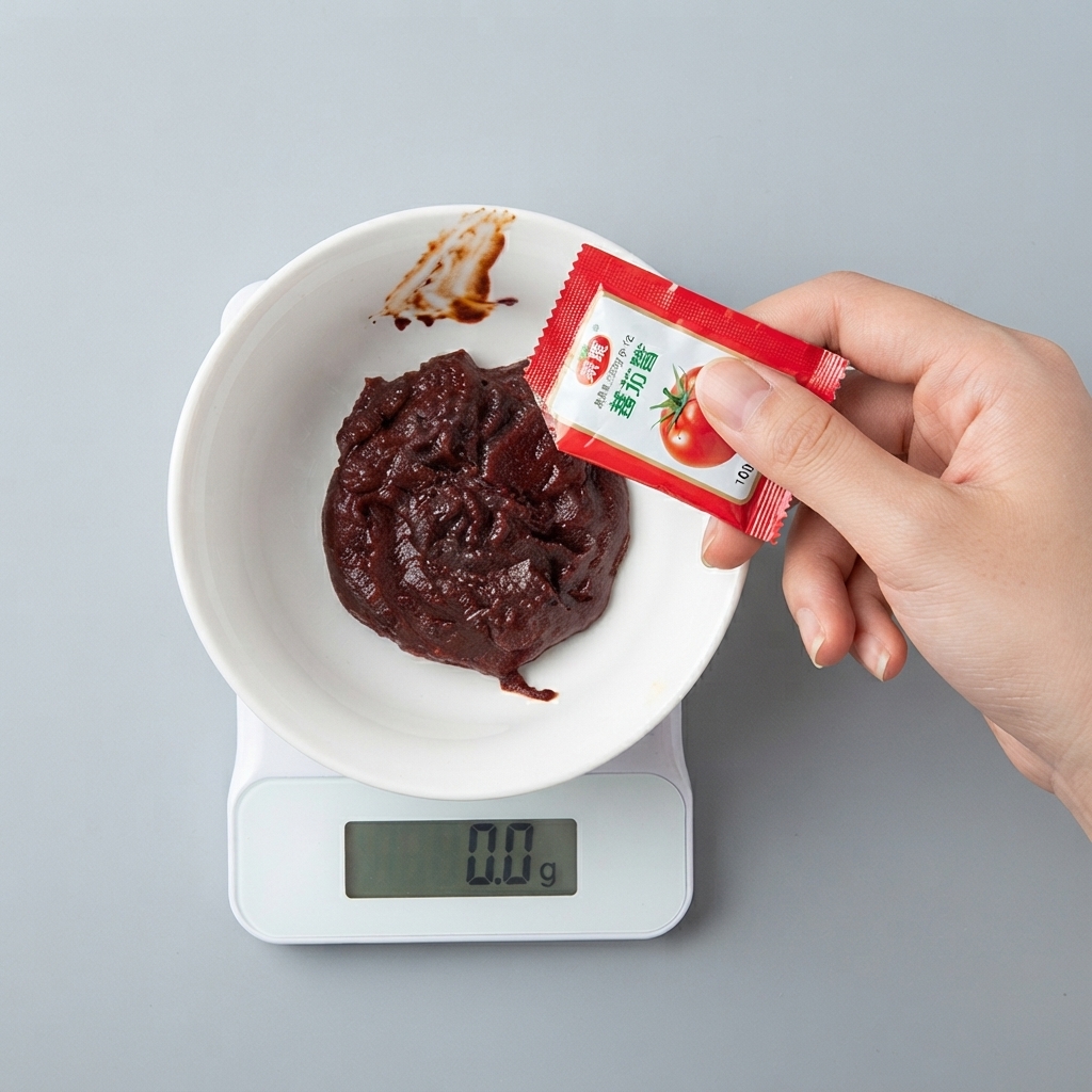 A hand squeezing a red packet of tomato sauce into the white bowl with Korean chili paste on a digital scale.