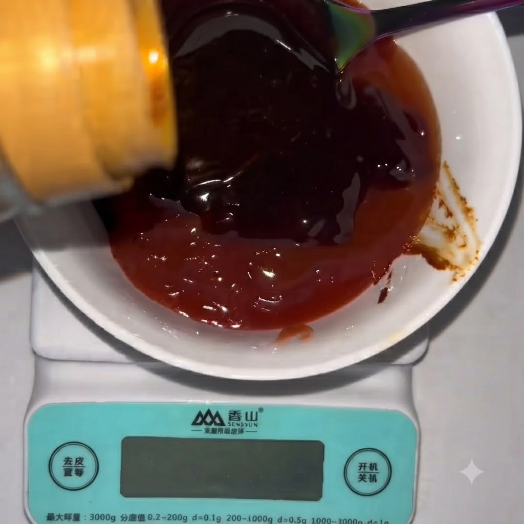 A bottle pouring dark liquid light soy sauce into the mixing bowl on the scale.