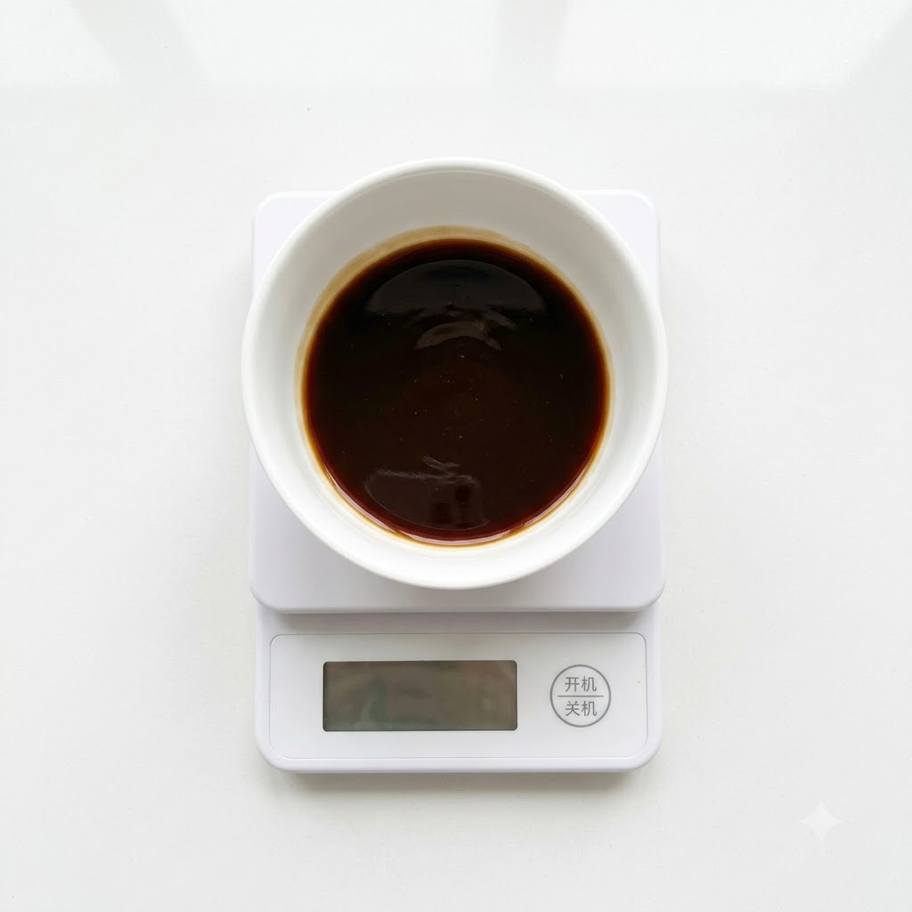 A white bowl on a digital scale filled with the dark sauce mixture and added water.