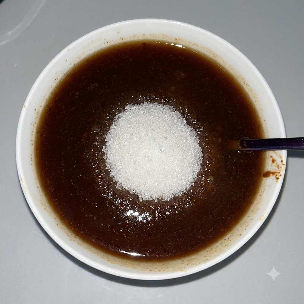 A pile of white granulated sugar sitting on top of the dark brown sauce in the white bowl.