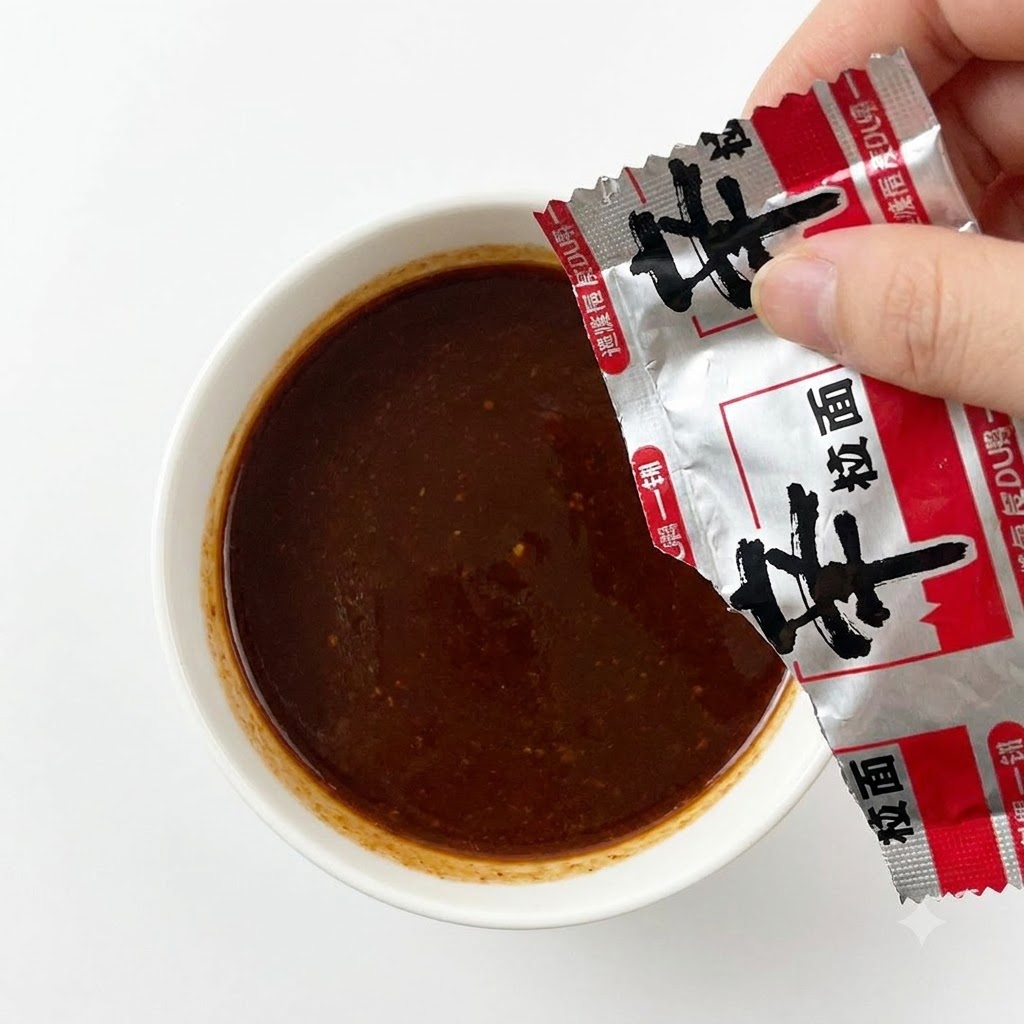 A hand tearing open and pouring a red and silver spicy ramen seasoning packet into the prepared sauce bowl.