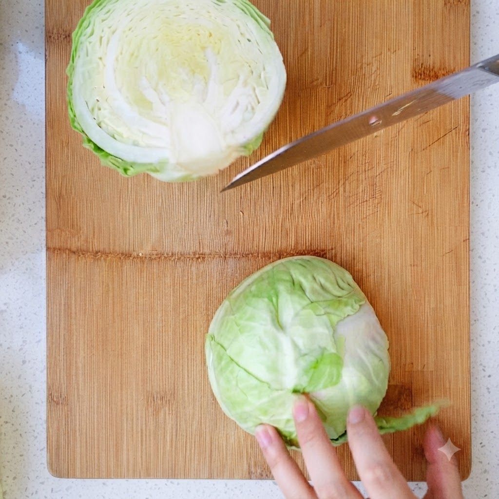 A head of cabbage being sliced into large chunks with a kitchen knife on a wooden cutting board.