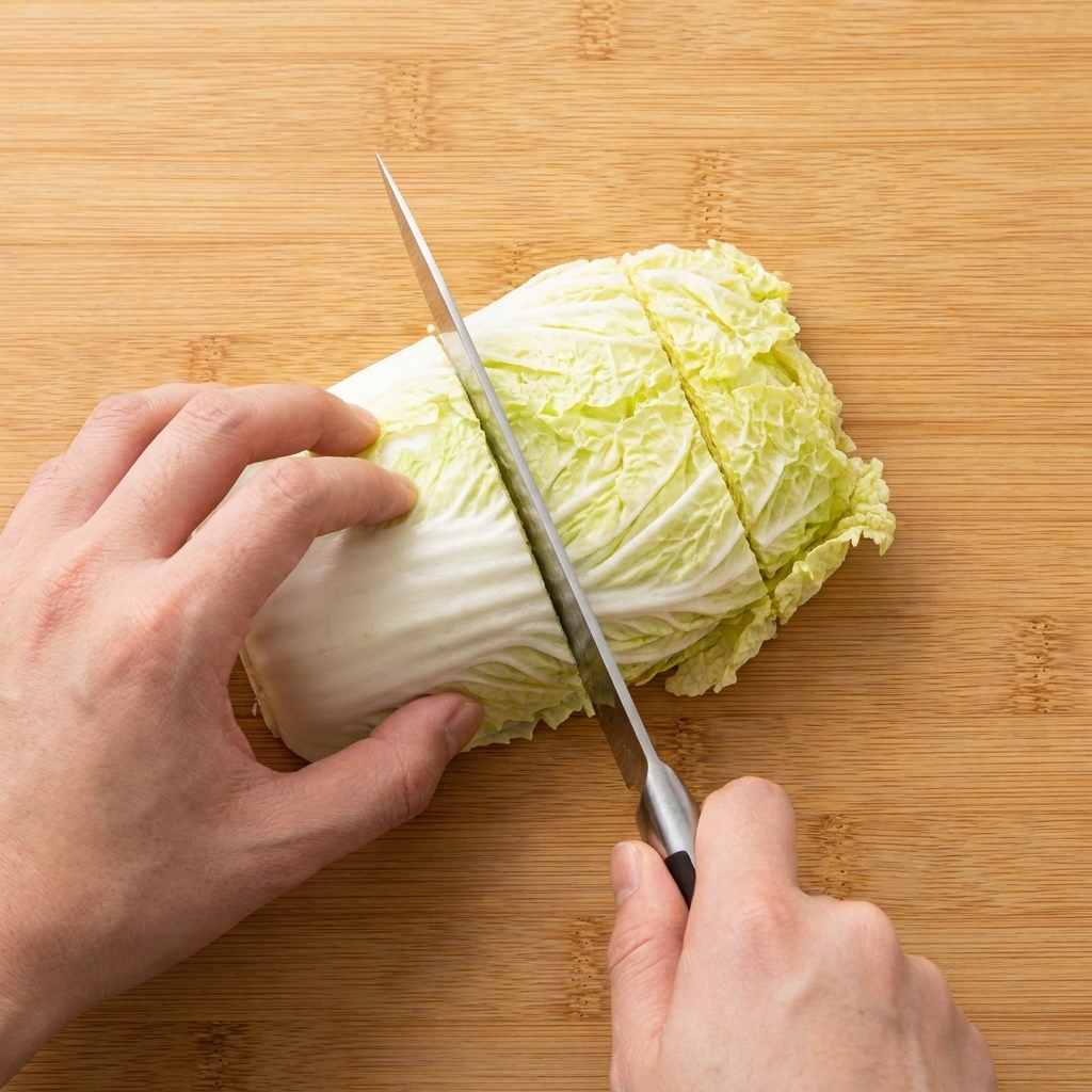 Cabbage chopped into large chunks with a kitchen knife on a wooden board.