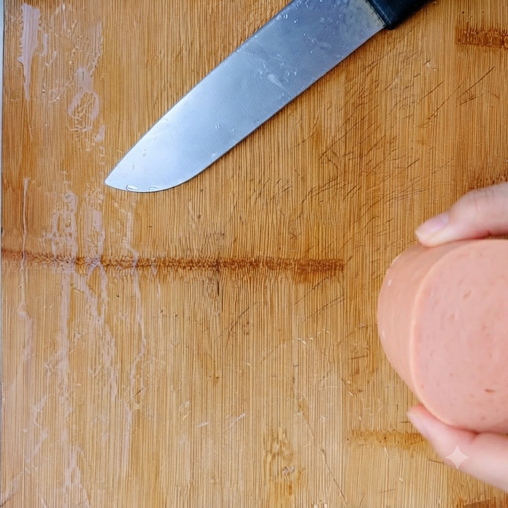 Thick slices of luncheon meat resting on a wooden board next to a knife.