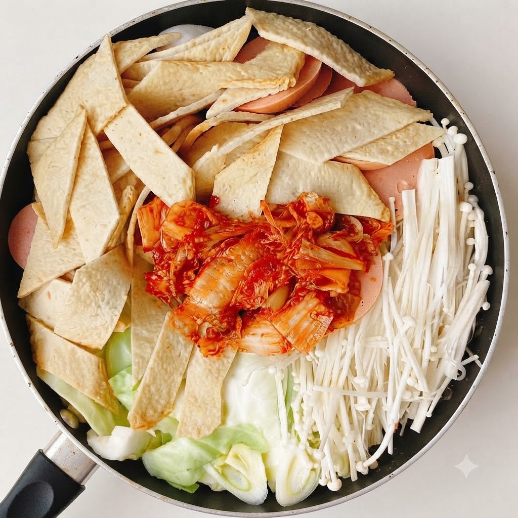 Korean spicy sauce and kimchi placed in the center of the arranged pan ingredients.