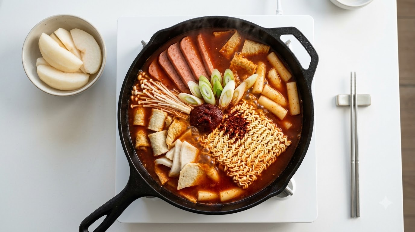 Korean Army Stew (Budae Jjigae) with Rice Cakes