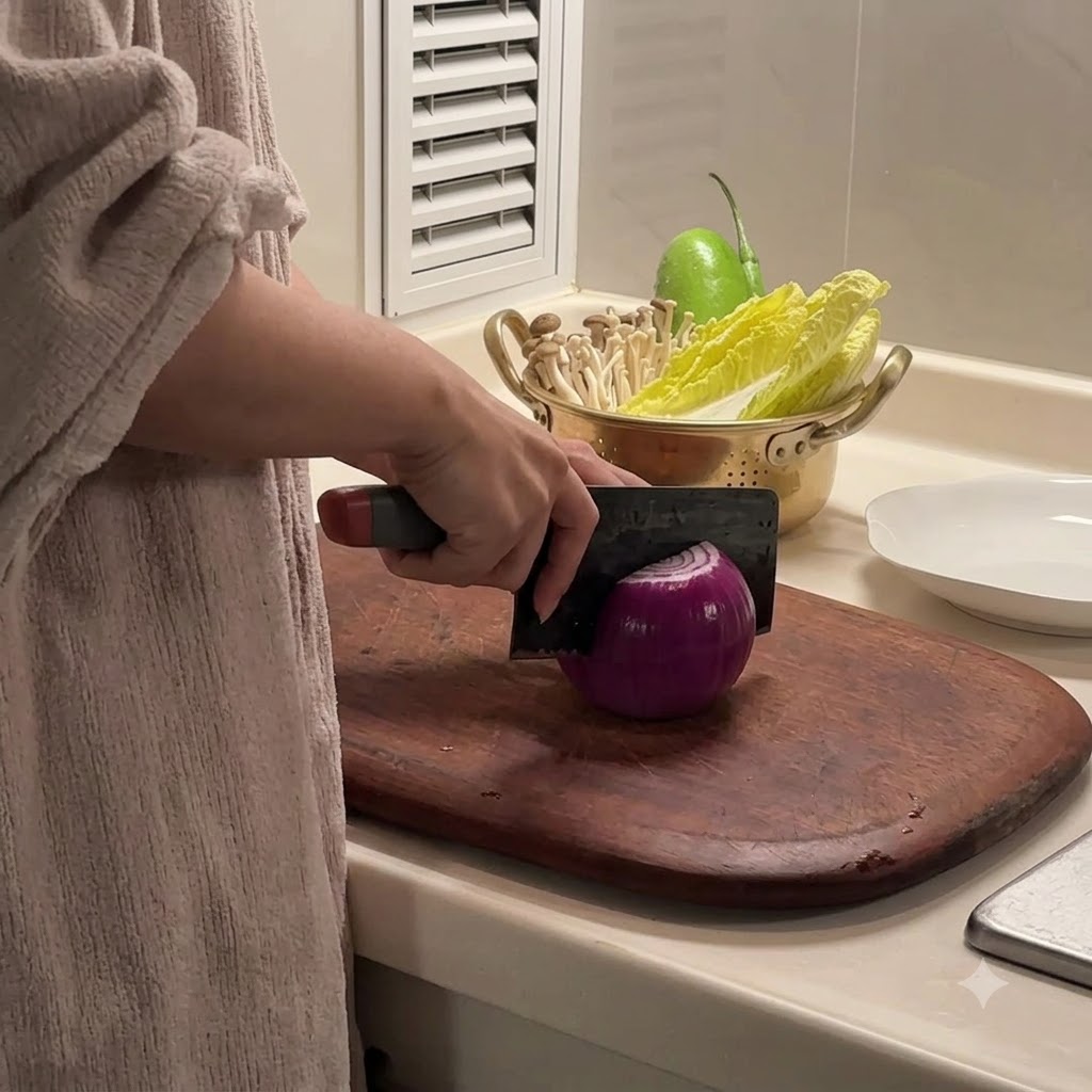 A hand using a knife to slice a red onion on a wooden cutting board.