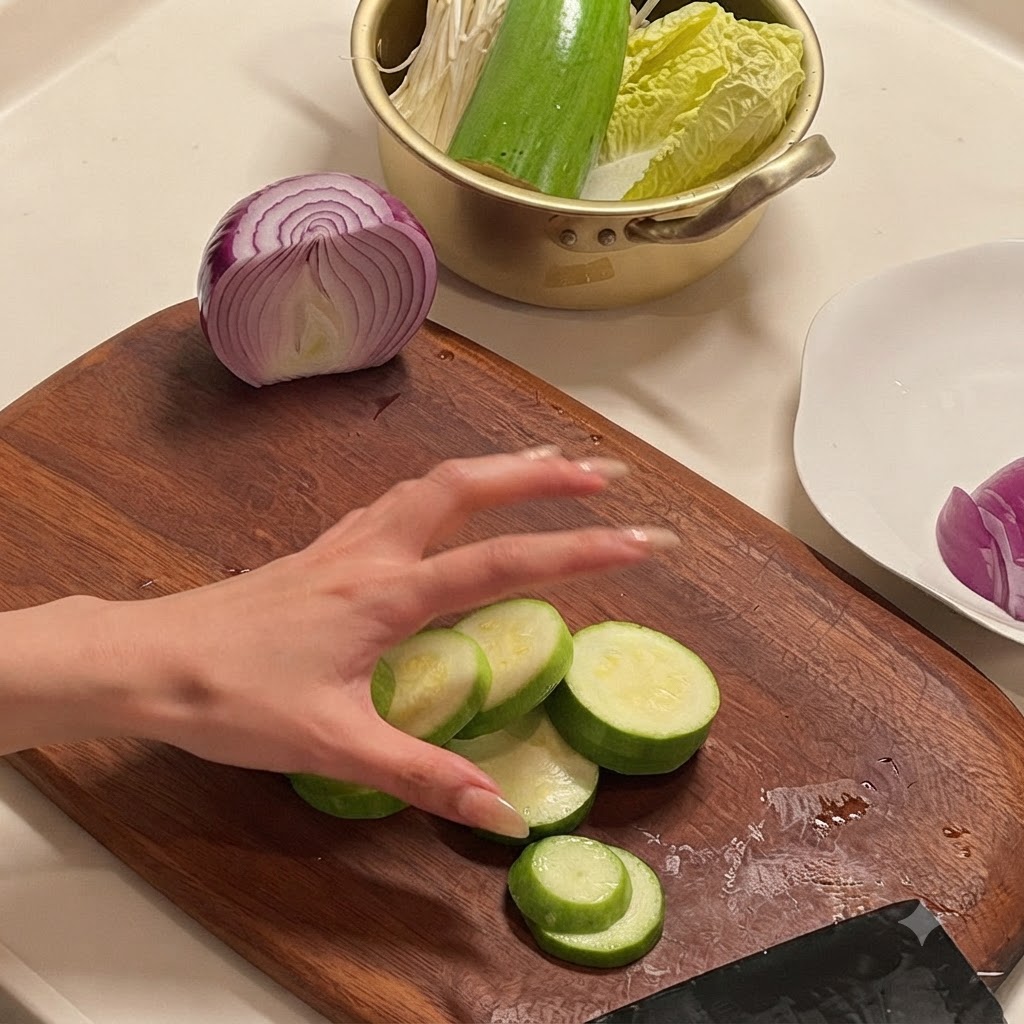 Zucchini slices laid out on a wooden cutting board next to a half onion.