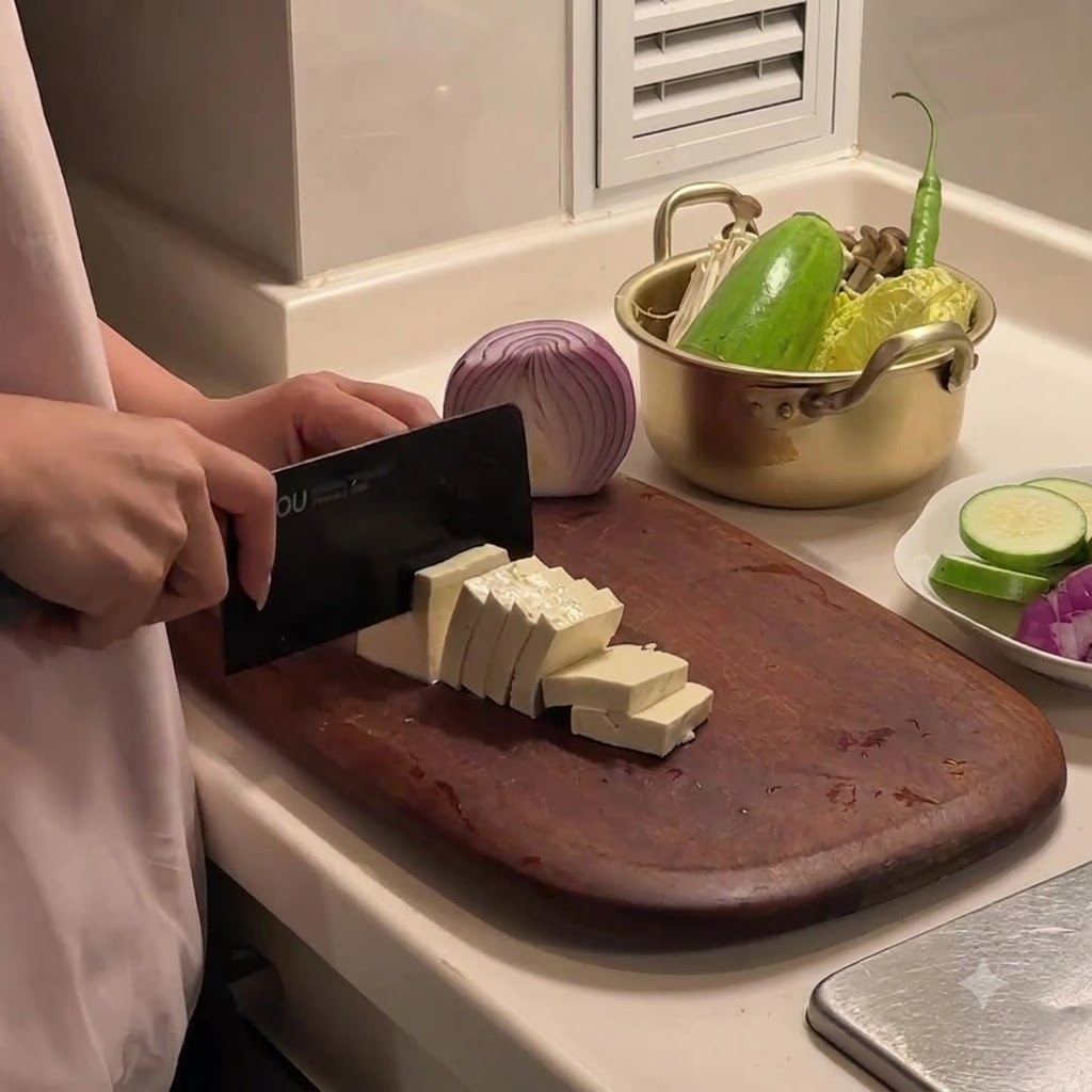 A block of firm tofu being sliced into rectangular pieces on a wooden cutting board.