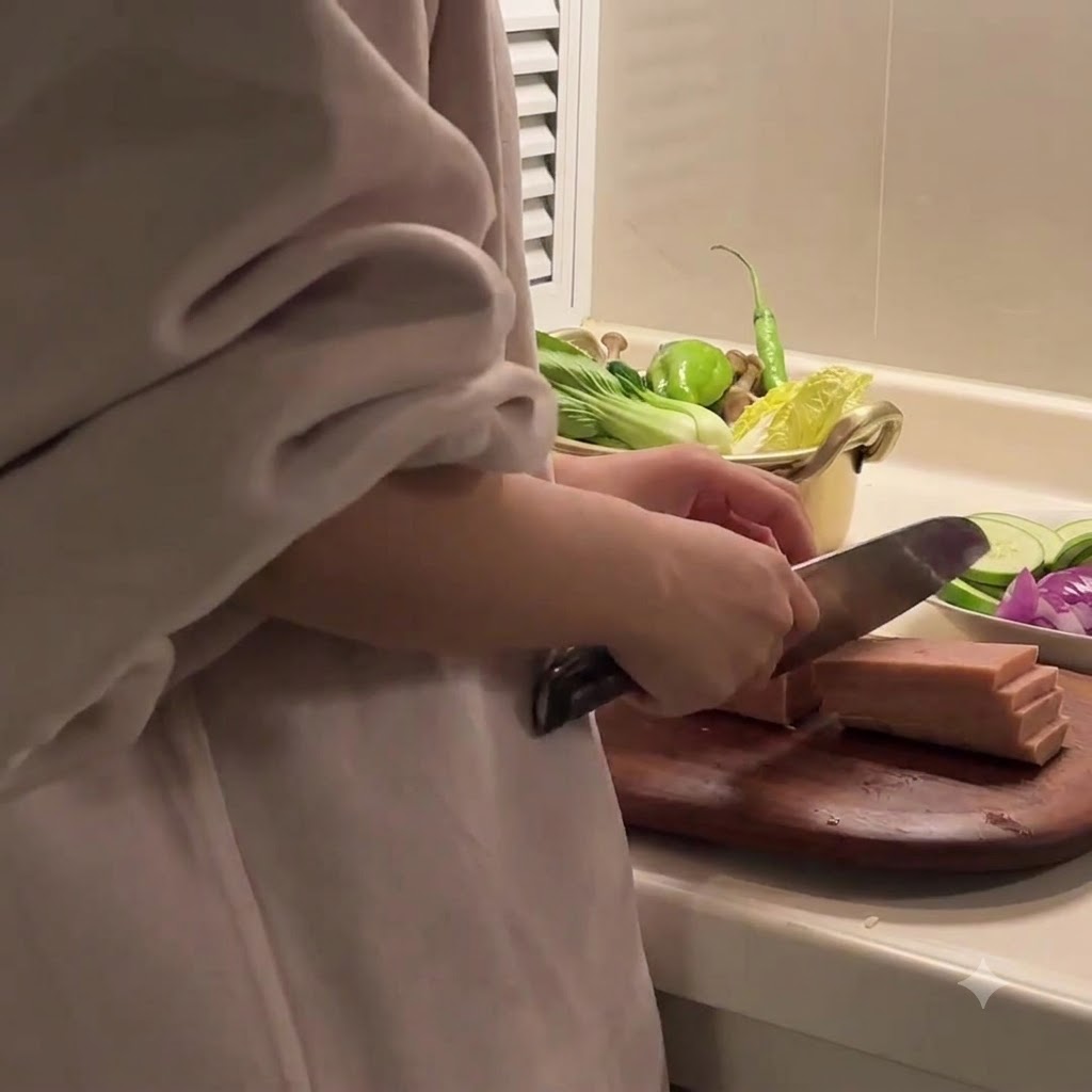 Luncheon meat being sliced into rectangular pieces on a wooden cutting board.