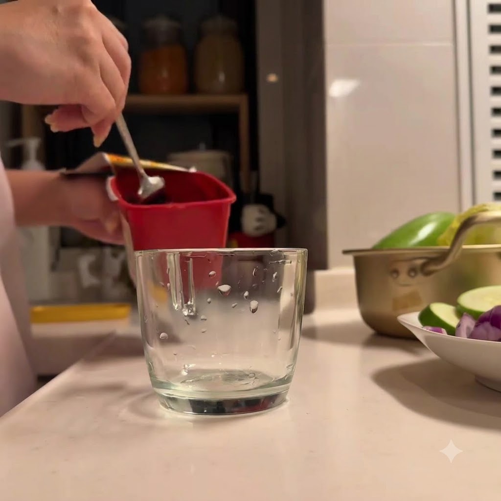 Korean chili paste and other seasonings being scooped into a glass cup.
