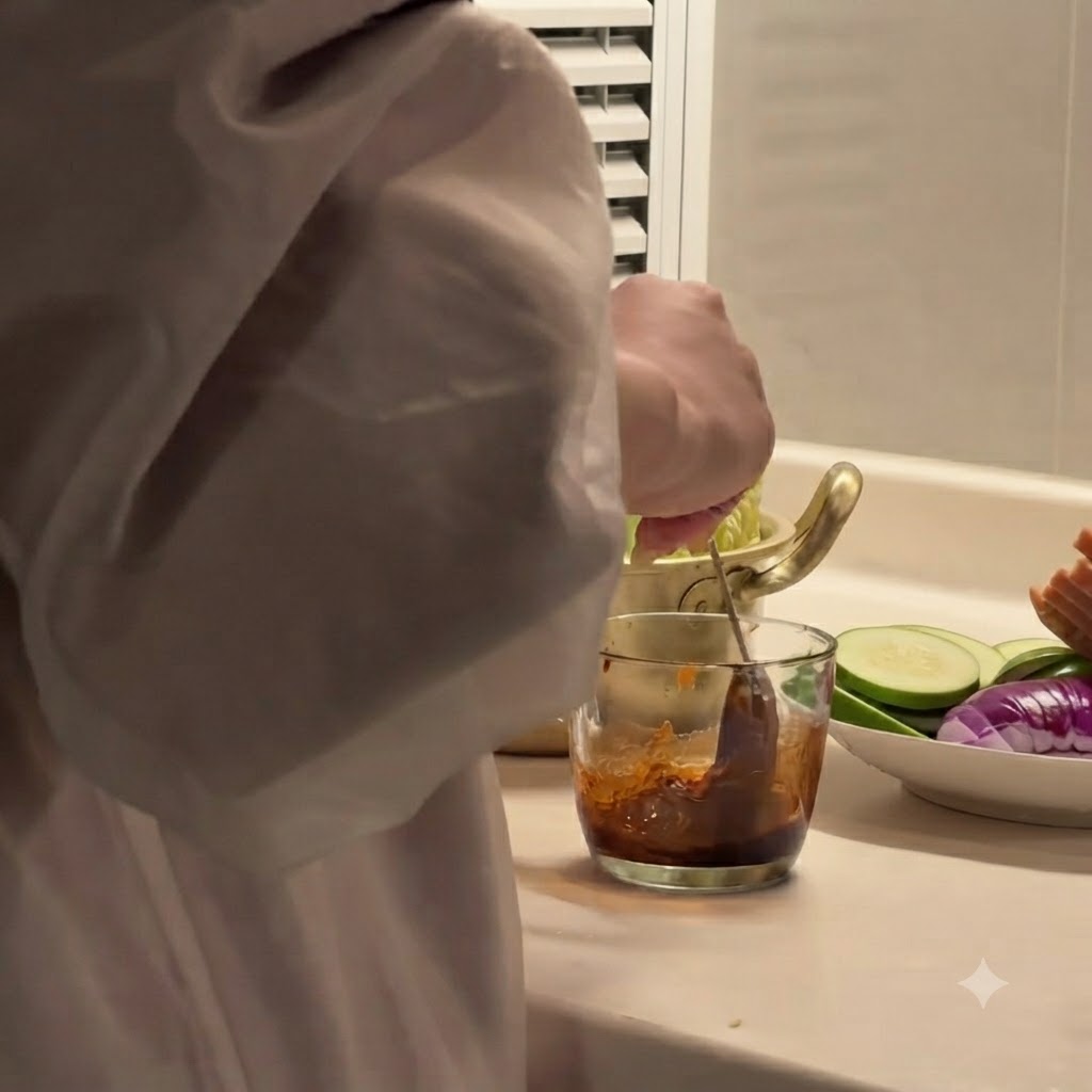 Minced garlic being stirred into the seasoning mixture inside a glass cup.