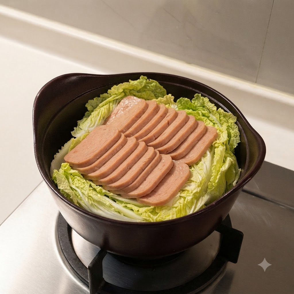 Arrangement of sliced luncheon meat neatly layered over cabbage in the cooking pot.