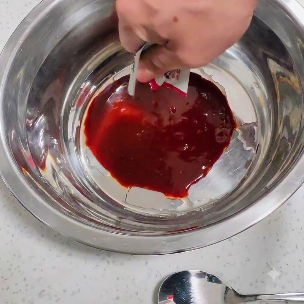 Korean chili paste and other seasonings being placed into a metal mixing bowl.