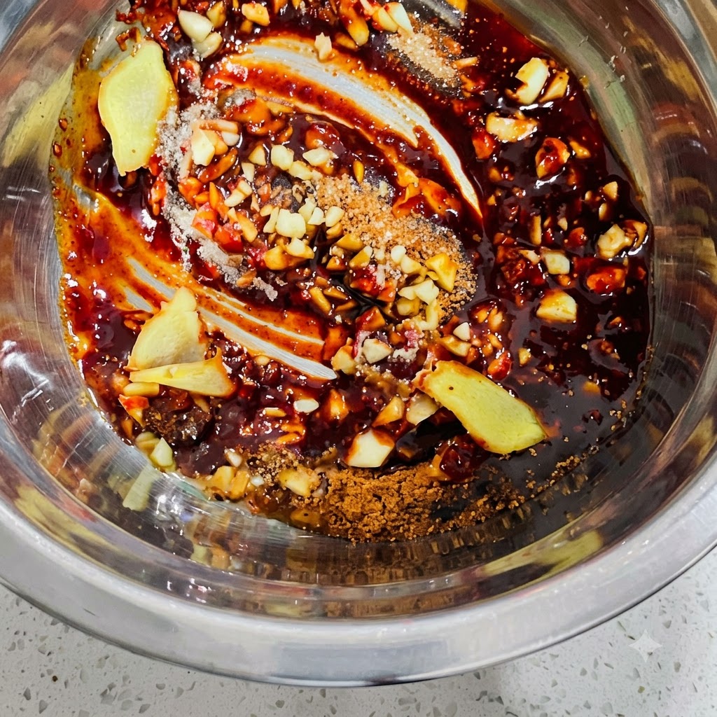 A bowl containing Korean chili paste, chopped garlic, ginger slices, and powdered seasonings being mixed together.