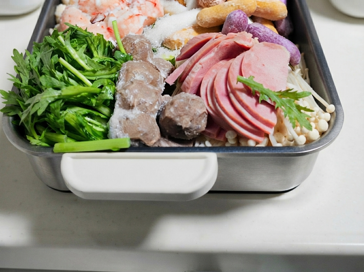 Fish cakes, beef rolls, and kimchi fully arranged in the cooking pot.