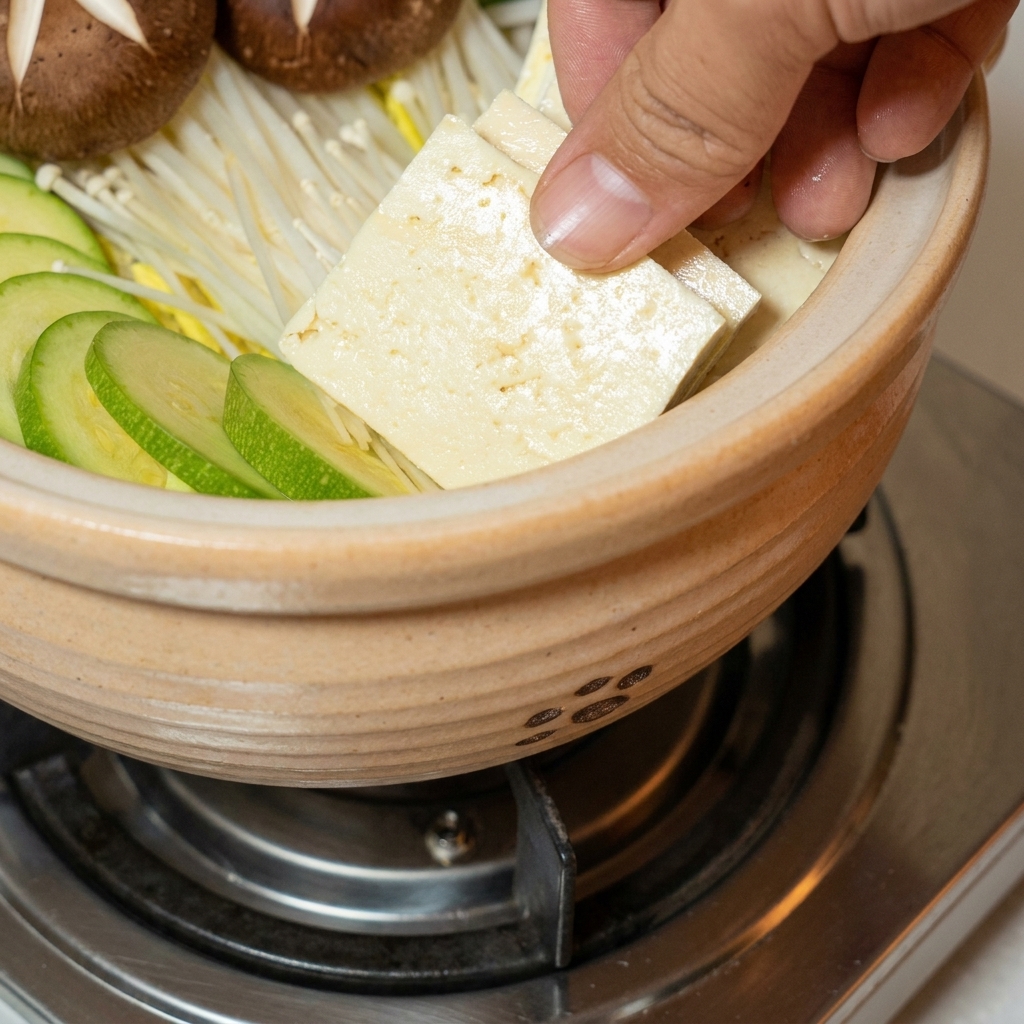 Slices of firm tofu being arranged inside the cooking pot.