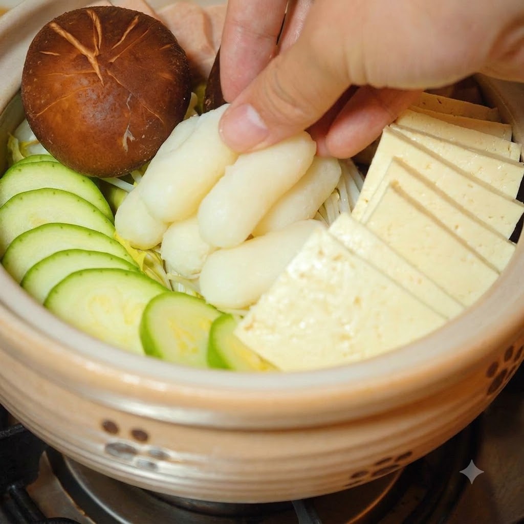 White cylindrical rice cakes being placed into the pot.