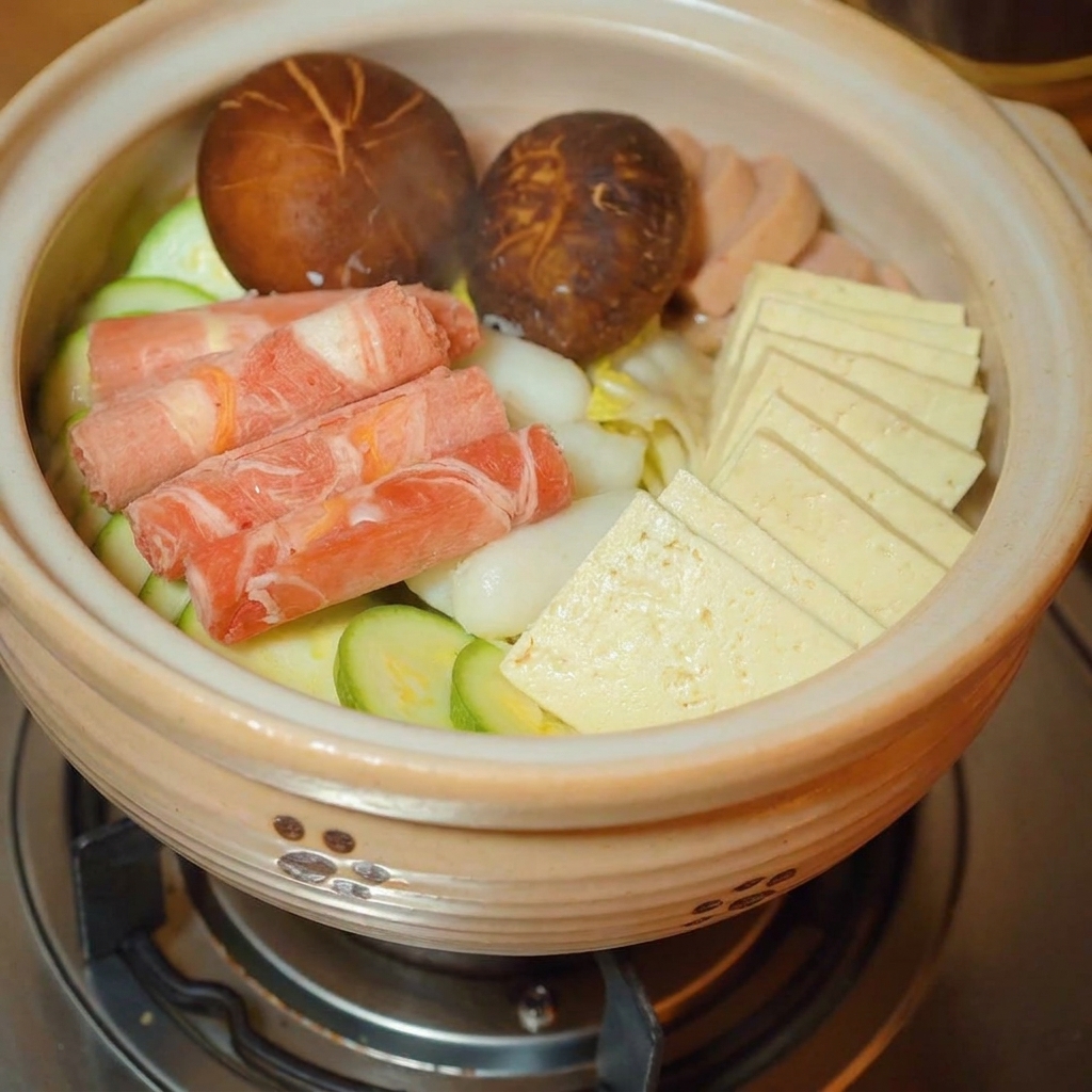 Rolled beef slices placed inside the pot with the rest of the ingredients.