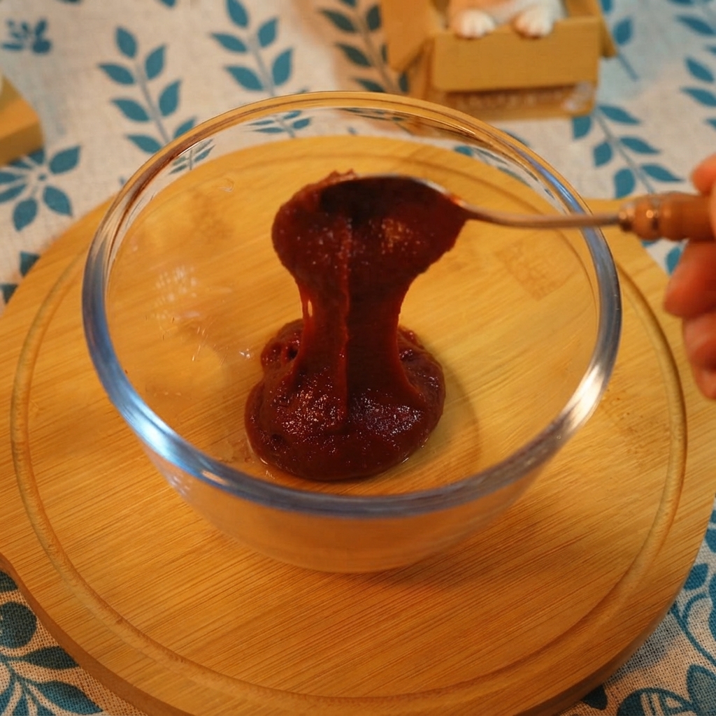 Korean hot pepper paste, ketchup, salt, and light soy sauce being mixed in a glass bowl with soda.