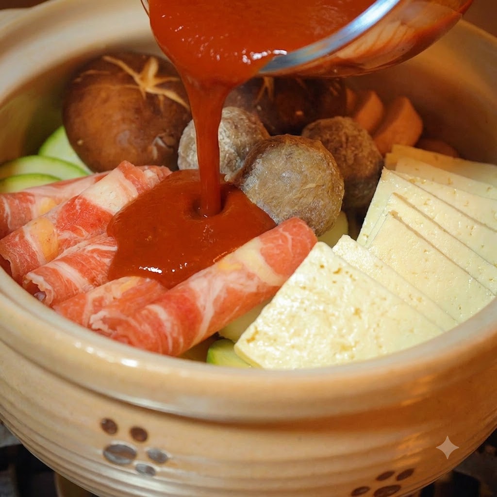 The prepared red sauce mixture being poured over the ingredients inside the pot.