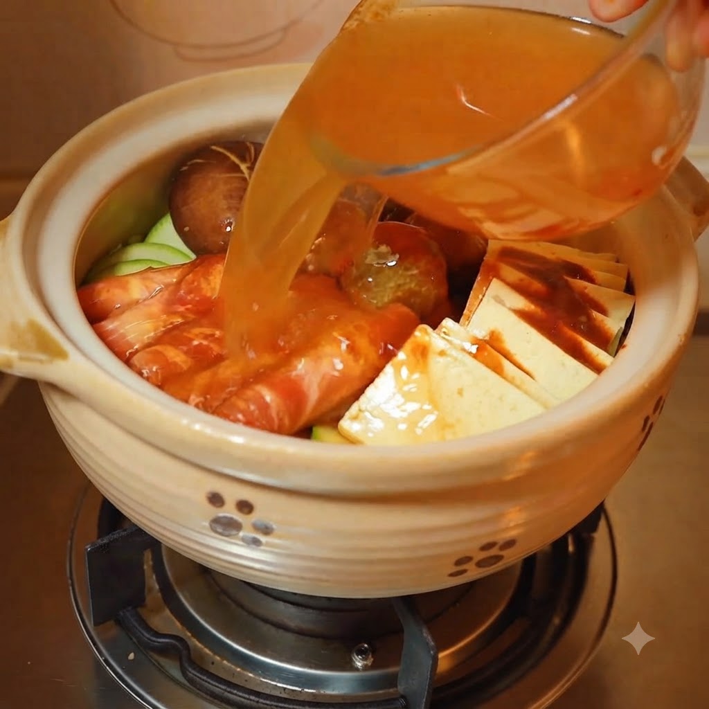 Clear water being poured into the pot over the ingredients and sauce.