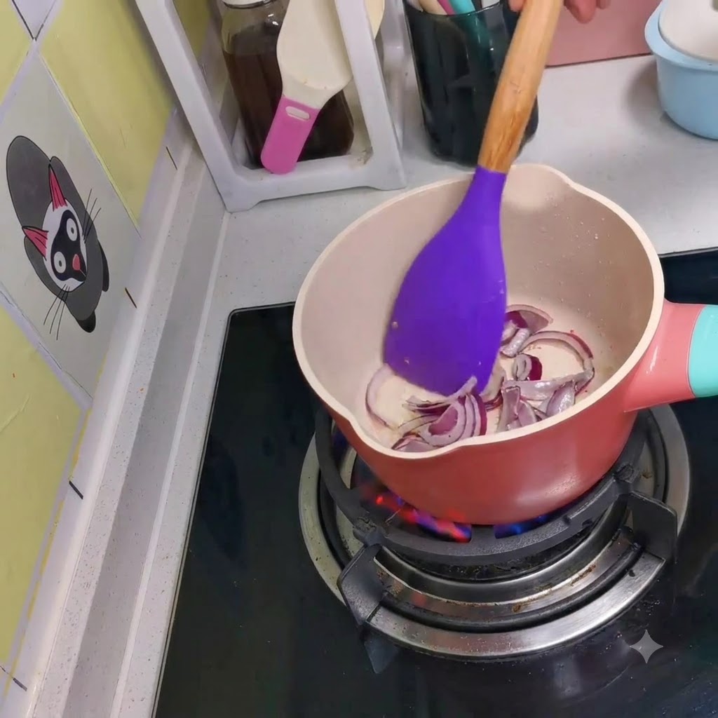 Sliced red onions being gently sautéed in a small pink pot on a stovetop.