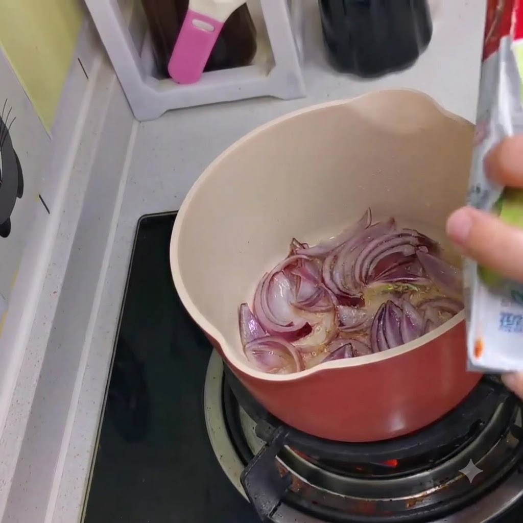 Kimchi being poured from a packet into the pot containing sautéed red onions.