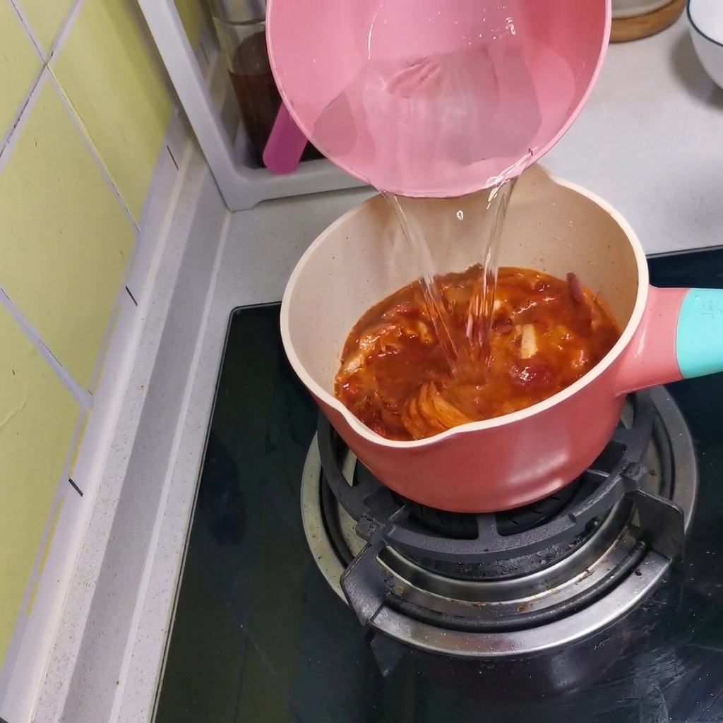 Hot water being poured from a pink pitcher into the pot to form the soup base.