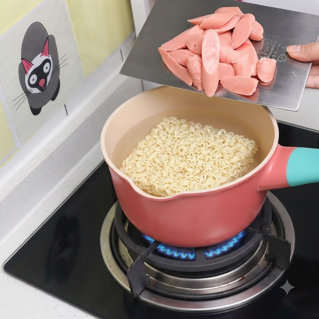 Sliced pink sausages being transferred from a metal tray into a pink pot containing boiling noodles and broth.