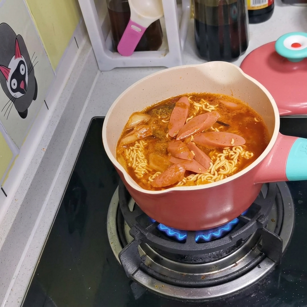 A pink pot on a stove containing noodles, broth, and sausage slices while cooking.