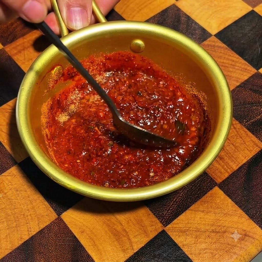 A dark spoon stirring a thick, red mala sauce mixture inside a golden metal bowl.