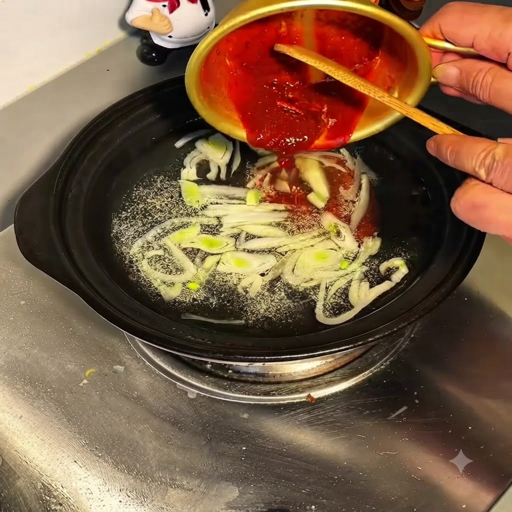 Red sauce mixture being poured from a golden bowl into the simmering pot of water and green onions.