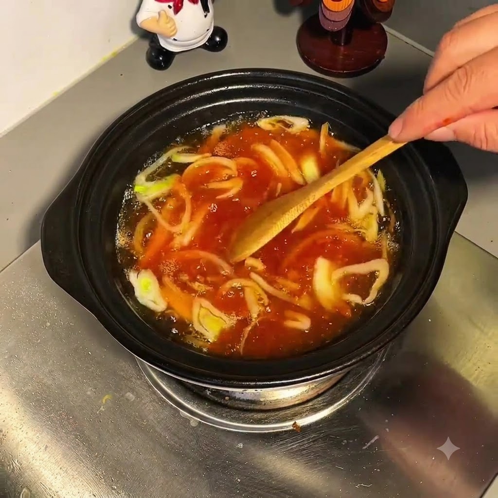 A wooden utensil stirring the boiling broth mixture with green onions and dissolved sauce.